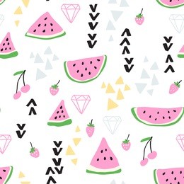 vector seamless pattern with doodle hand drawn watermelons with hipster style elements on white background. good for summer wedding invitation, birthday card, poster, surface texture, fabric print.