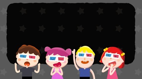 cartoon illustration of four kids, children, boys and girls watching funny movie, video or tv program with 3d glasses. happy family gathering time on the weekend. black screen and stars background.