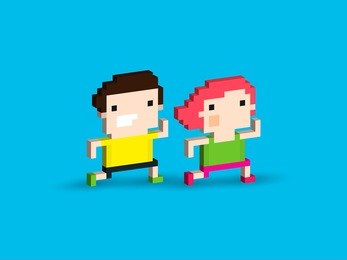 pixel art characters, male and female, running together