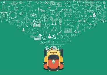 knowledge doodle flowing into school back. back to school concept.