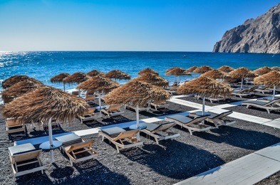 kamari beach durning the morning, santorini, greece