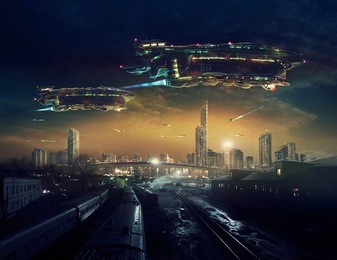 urban landscape of post apocalyptic future with flying spaceships or life after a global war. digital art.