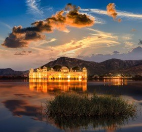 the palace jal mahal at sunrise. jal mahal (water palace) was built during the 18th century in the middle of man sager lake. jaipur, rajasthan, india, asia