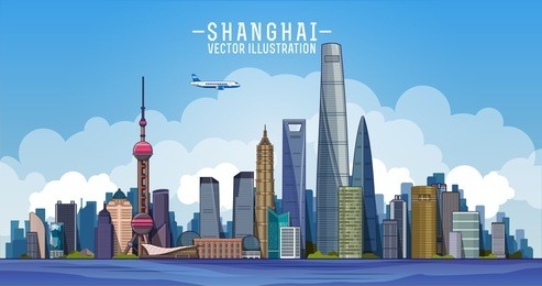 shanghai skyline. vector line  illustration