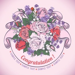 vintage luxury greeting card with detailed hand drawn flowers - blooming rose and lavender. retro styled ribbon with space for your text. engraving style. vector. easy to edit.