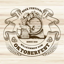 retro styled rubber stamp with beer barrel, mug and the text "beer festival oktoberfest" on wooden background. vector illustration.
