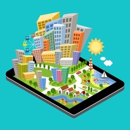 3d isometric city with the specified destination point on the tablet screen. city navigation app. vector illustration