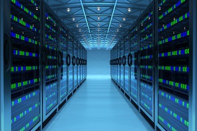 networking communication technology concept, network and internet telecommunication equipment in server room, data center interior