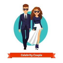 man and woman stylish hollywood stars walking together. flat style vector illustration isolated on white background.