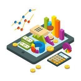 modern business and analytics concept. pie chart, bar graphs, money bills and coins and calculator lying on a tablet computer. flat style isometric vector illustration isolated on white background.