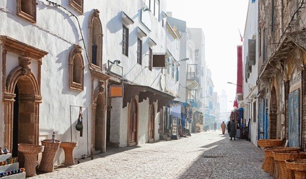 misty  morning in shopping street,  medina of essaouira, morocco