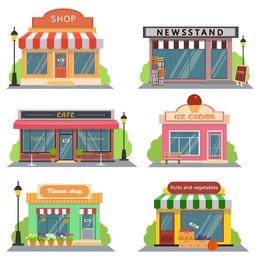 shops and stores icons set in flat design style. shop, newspaper shop, coffee shop, ice cream shop, flower shop, vegetable and fruit store. vector illustration