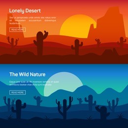 horizontal banner set with lonely desert and wild nature isolated vector illustration