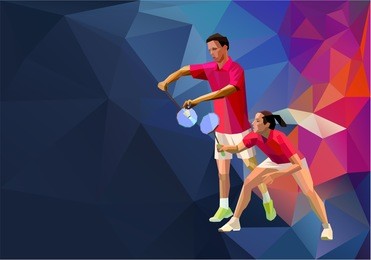 badminton mixed doubles team, man and woman start badminton game, vector sports illustration poster or banner in polygonal triangles design style
