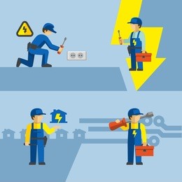 vector electrician worker with tools installing wall socket 