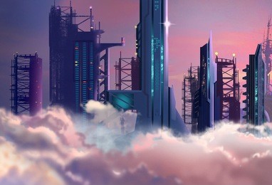 illustration: the future city built high into the clouds in 2048. realistic cartoon style. sci-fi scene / wallpaper / background design.
