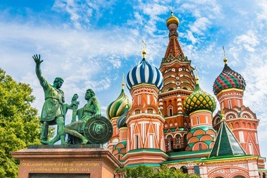 st. basils cathedral and monument to minin and pozharsky on red square in moscow, russia