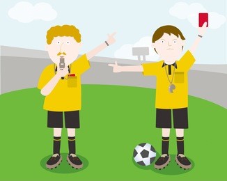 2 referees. 1 holding a red card, the other blowing his whistle.