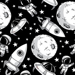 seamless background with cute doodle astronauts, planets, rockets and stars, retro style, vector illustration