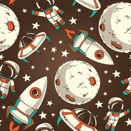 seamless background with cute doodle astronauts, planets, rockets and stars, retro style, vector illustration