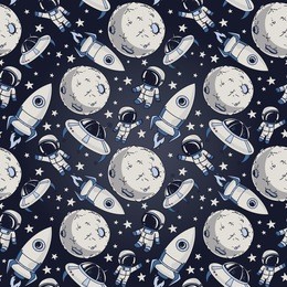 seamless background with cute doodle astronauts, planets, rockets and stars, retro style, vector illustration