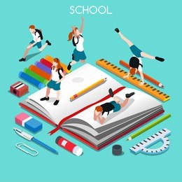 isometric student people class stationery school book. 3d isometric education stationery shop book homework 3d vector people. school book student person class poster 3d vector illustration