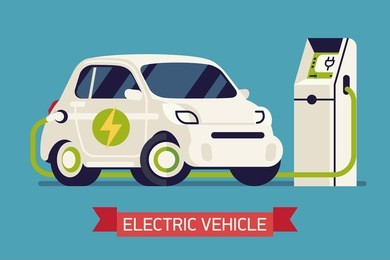 electric subcompact vehicle charging cool concept vector visual | small efficient microcar charging in process | cute and trendy flat illustration on eco friendly transport 