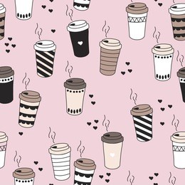 seamless morning coffee hot drink cup tea to go illustration with hearts and stripes pastel background pattern in vector