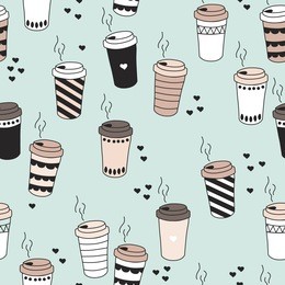 seamless morning coffee hot drink cup tea to go illustration with hearts and stripes pastel background pattern in vector