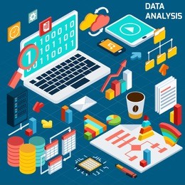data analysis digital analytics compute process decorative icons isometric set with notebook  illustration