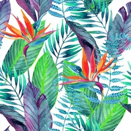 watercolor tropical leaves and flowers seamless pattern. hand painted illustration for floral design background.