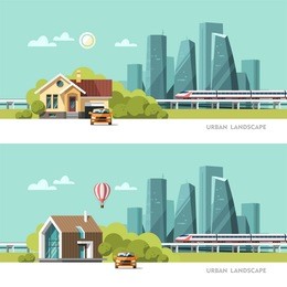 family home. traditional and modern house. cityscape background. urban landscape. downtown with skyscrapers and railway. vector flat illustration.