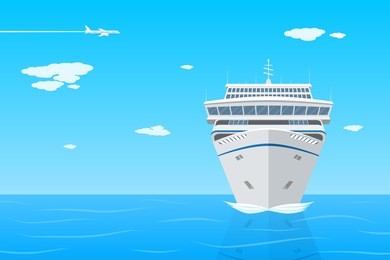 picture of cruise liner in the sea, front view, flat style illustration on vacation, travel, holidays concept