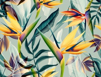 seamless tropical flower, plant and leaf pattern background