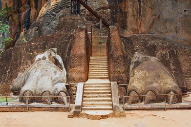 exterior of the entrance to the sigiriya lion rock fortress in sigiriya, sri lanka. sigiriya is listed as unesco world heritage site.