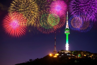 seoul tower and firework festival in korea.
