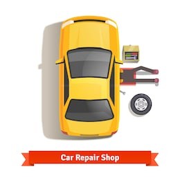 car mechanic lying down under auto underbody doing repair work. top view. flat style vector illustration isolated on white background.