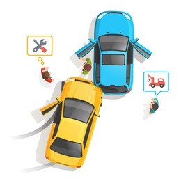 car traffic accident top view. people standing and calling for help, repair and tow truck. flat style vector illustration isolated on white background.