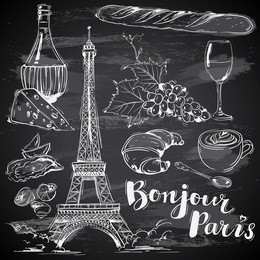 hand-drawn french food on chalkboard