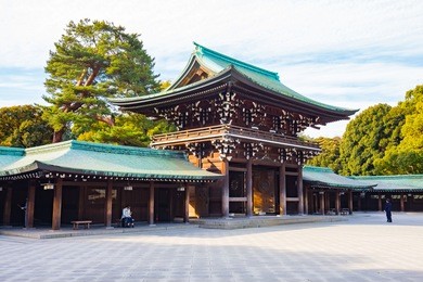 tokyo, japan - february 16, 2015: meiji shrine located in shibuya, tokyo, is the shinto shrine that is dedicated to the deified spirits of emperor meiji and his wife, empress shoken.
