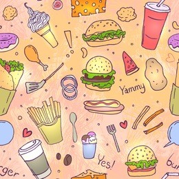 fastfood delicious hand drawn vector seamless doodles pattern with burgers, hot dogs and french fries, and other  on note paper sheet