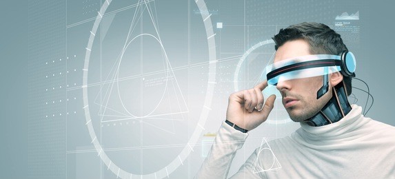 people, technology, future, engineering and progress - man with futuristic 3d glasses and microchip implant or sensors over gray background with golden section on virtual screen