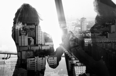 double exposure (girl looking at the sunset)