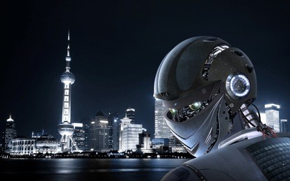 robot stylish , shanghai city background