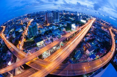 bangkok expressway and highway top view during twilight time , thailand