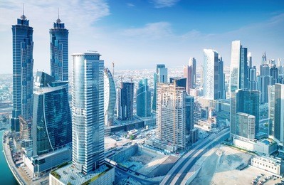 beautiful dubai city, bird eye view on majestic cityscape with modern new buildings, daytime panoramic scene, united arab emirates