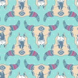 vector seamless pattern with bull skull. ornate tattoo design element. snow effect in separate layer
