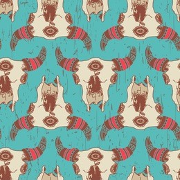 vector seamless pattern with bull skull. ornate tattoo design element. grunge effect in separate layer