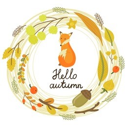 vector floral card with wreath from flowers, berries, leaves, branches, cute little fox and text "hello autumn". vintage natural background with cartoon character.