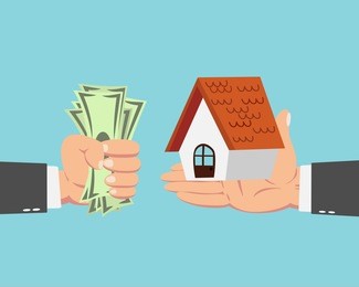 hand of businessman with money buying house isolated on blue background